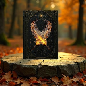 May include: A black journal with gold ornate detailing and a central design of two glowing feathers. The cover features a celestial pattern with stars and a sunburst. The journal is displayed on a stone pedestal in a forest setting.