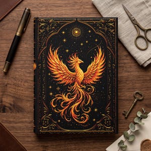 May include: A rectangular hardcover journal featuring a black cover with an intricate gold-toned phoenix illustration at the center. The design includes ornate filigree borders, a sun motif, and scattered stars. The phoenix displays vibrant orange and yellow plumage.
