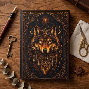 May include: A black hardcover journal featuring a gold-toned illustration of a wolf head adorned with intricate jewelry and celestial motifs. The cover design includes ornate filigree borders, stars, and crescent moons, centered on a dark background.