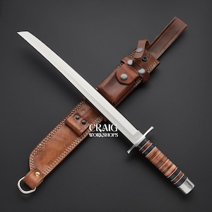 Japanese Tanto Style Custom Made D2 Steel Full Tang Fixed Katana Style Short Sword With Leather Sheath, Best Men Gifts For Him