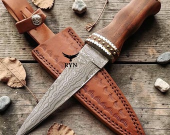 Hand Forged Damascus Steel Dagger Knife Hunting Knife with Leather Sheath ,