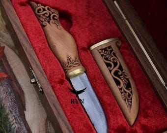Hand Carved Wooden Handle Hunting Knife with Sheath & Gift Box – Custom Engraved Viking Knife