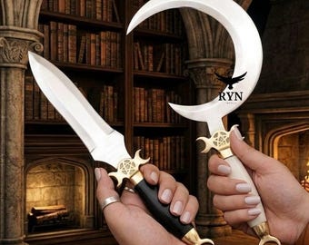 Fantasy Crescent Moon Dagger Set – Gothic Ritual Knife & Moon Blade With Leather Cover