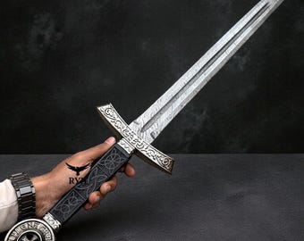 Handmade Medieval Sword Damascus Steel  Knight Crusader  Sword With Leather Cover  Display  Gift