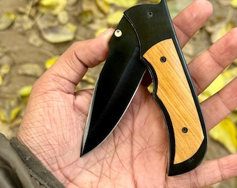 Handgefertigtes Klappmesser aus Edelstahl & Holz mit Lederbezug