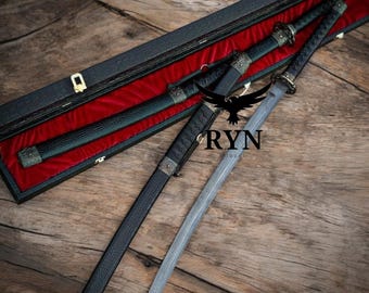 Spada Katana in acciaio di Damasco fatta a mano: tradizionale oggetto da collezione dei samurai giapponesi