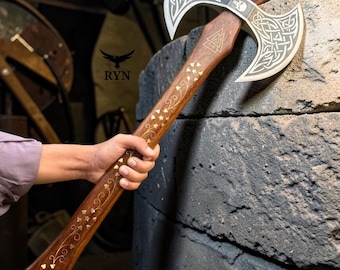 Handmade Viking Double Head Axe – Norse Engraved Battle Axe With Leather Cover