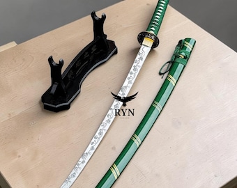 Handmade Japanese Katana Sword – Green Samurai Sword with Engraved Blade Scabbard & Stand