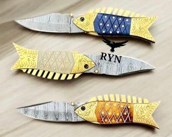 Handmade Damascus Steel Folding Knife: Brass & Camel Bone Handle