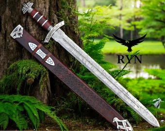 Handmade Damascus Steel Viking Sword: Ragnar Lothbrok Replica with Scabbard