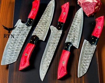 Handmade Damascus Steel Chef Knife Set - Leather Sheath, Buffalo Horn Handle