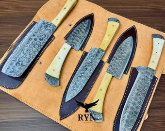 Hand Forged Damascus Steel Chef Knife Set: Camel Bone Handle, Leather Bag