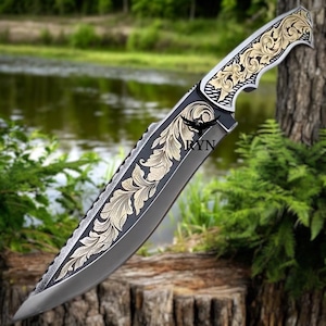 Hand Engraved Bowie Hunting Knife: 14" Stainless Steel Blade, Leather Cover