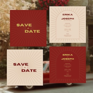 Editable SAVE the Date Wedding Invitation Template Vintage Red | Bundle Canva Template Digital Download Red Invite Printable Wedding Suite