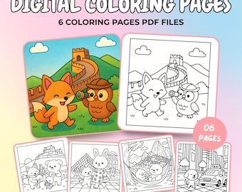 livre de coloriage numérique – 6 pages à colorier numériques d'adorables animaux de voyage | Feuilles numériques imprimables à colorier au format PDF pour adultes et enfants