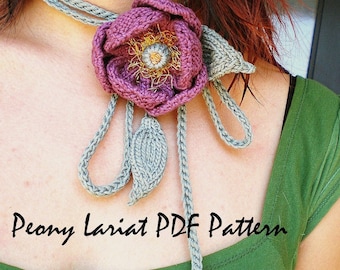 PDF Knitting Pattern - Floral Hand Knit Peony Lariat / Neckwear