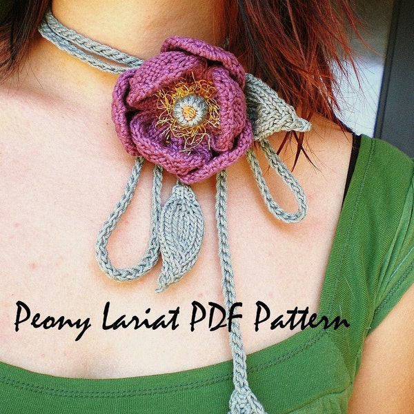 PDF Knitting Pattern - Floral Hand Knit Peony Lariat / Neckwear