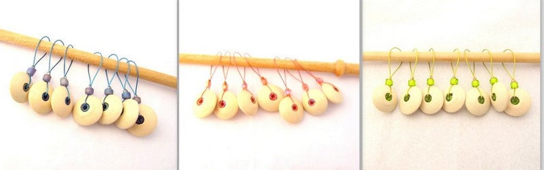 Wood Bead Knitting Stitch Markers Set of 7 Off White Wood Donut Bead Marker Choice of Green, Pink or Blue image 4