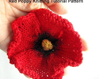 Instant Download PDF Knitting Pattern - Red Poppy Flower