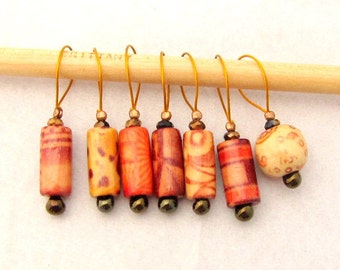 Wood Bead Knitting Stitch Markers - Set of 7 Handmade Knitting Markers - Small Wood Tube Bead Markers for US 9 Needles