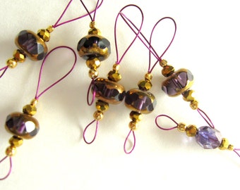 Bead Knitting Stitch Markers - Set of 7 Handmade Knitting Markers - Purple and Gold Glass Bead Markers