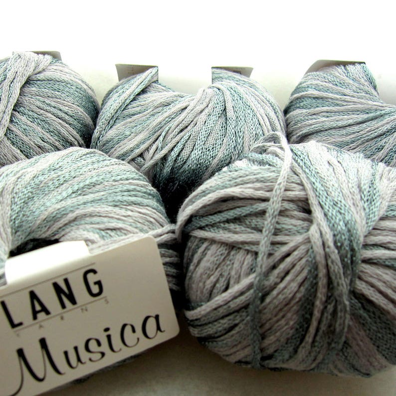 Lang Musica Cotton Woven Ribbon Yarn Seafoam Green and Gray 5 Skeins