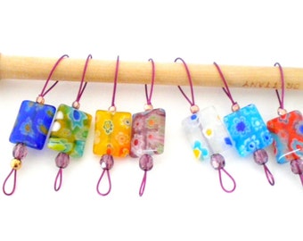 Bead Knitting Stitch Markers - Set of 7 - Fits up to US 9 and US 2 - Mix Oblong Millefiori Beads