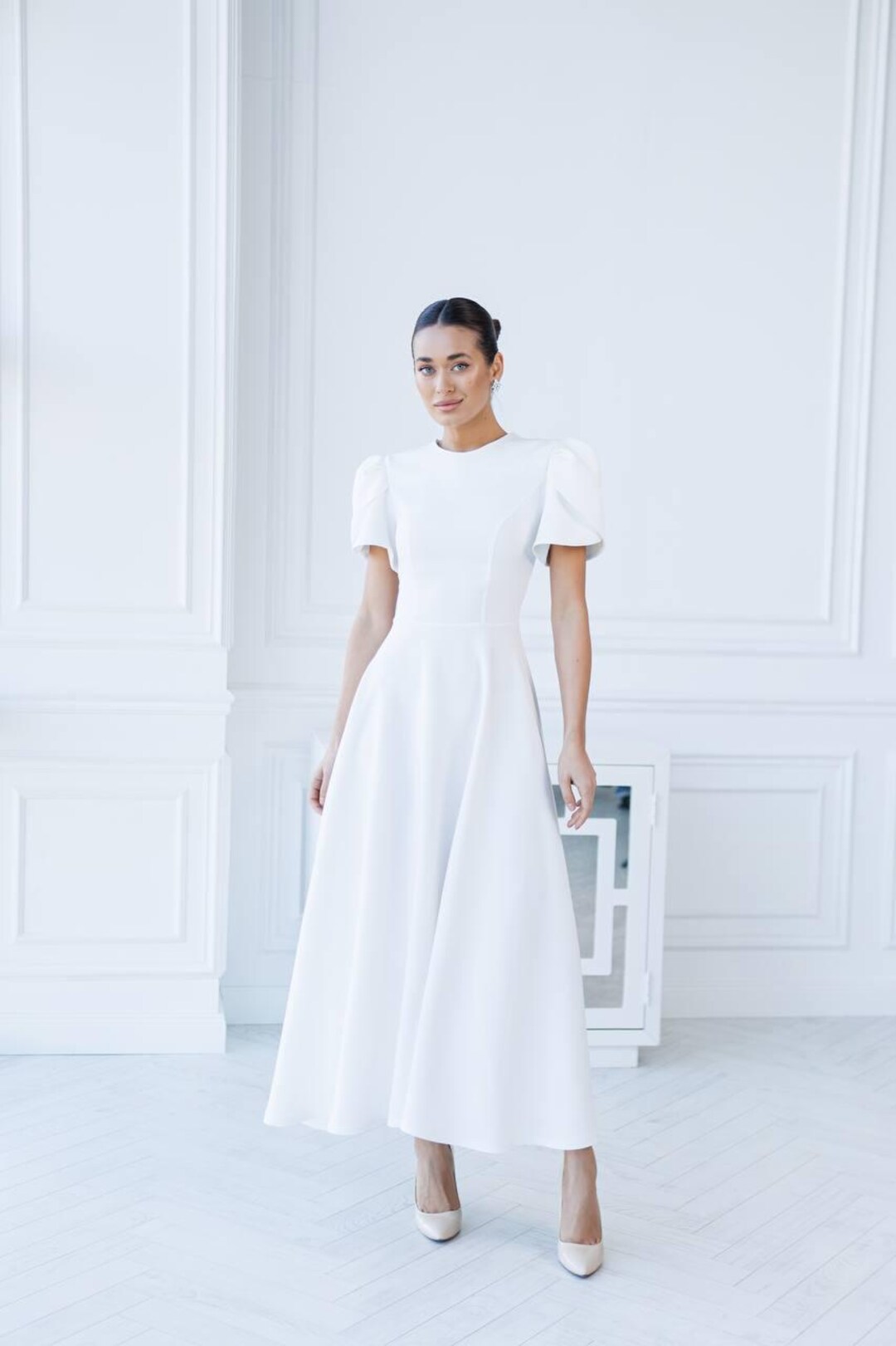 Homecoming Dresses All White Knee Length Dress Wedding Gown Boho Wedding  Dress Modest Wedding Dress, Midi, Civil Wedding Outfit Simple Wedding White  Dress Minimalist Bridal Gift For Her