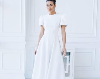 wedding gown boho wedding dress  modest wedding dress, midi, civil wedding outfit simple wedding white dress minimalist bridal gift for her