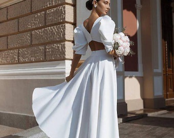 Openback dress puff sleeves White Midi Wedding Dress Civil Courthouse Simple Bridal Attire Rehearsal Dinner Dress Bridal Shower elope dress