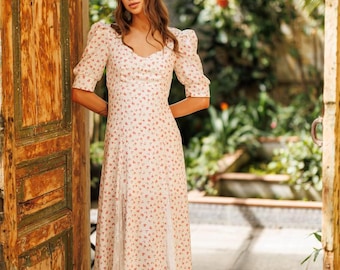 Puff Sleeve Dress Boho Summer Dress, Romantic Retro Floral Cottagecore Midi Dress Vintage Floral print guipure details gift