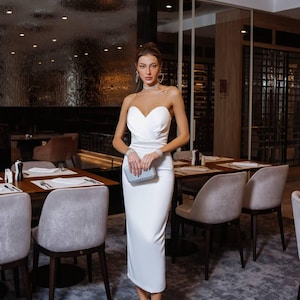 Corset White Strapless Satin Midi Dress | Elegant Fitted Evening Dress | Wedding Guest Dress | Luxury Party Dress | Minimalist Formal Dress