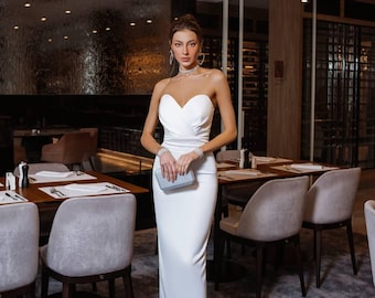 Corset White Strapless Satin Midi Dress | Elegant Fitted Evening Dress | Wedding Guest Dress | Luxury Party Dress | Minimalist Formal Dress