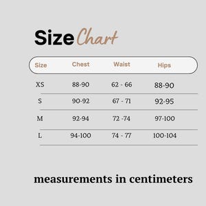 May include: Size chart for clothing with measurements in centimeters. The chart shows sizes XS, S, M, and L with corresponding chest, waist, and hip measurements.