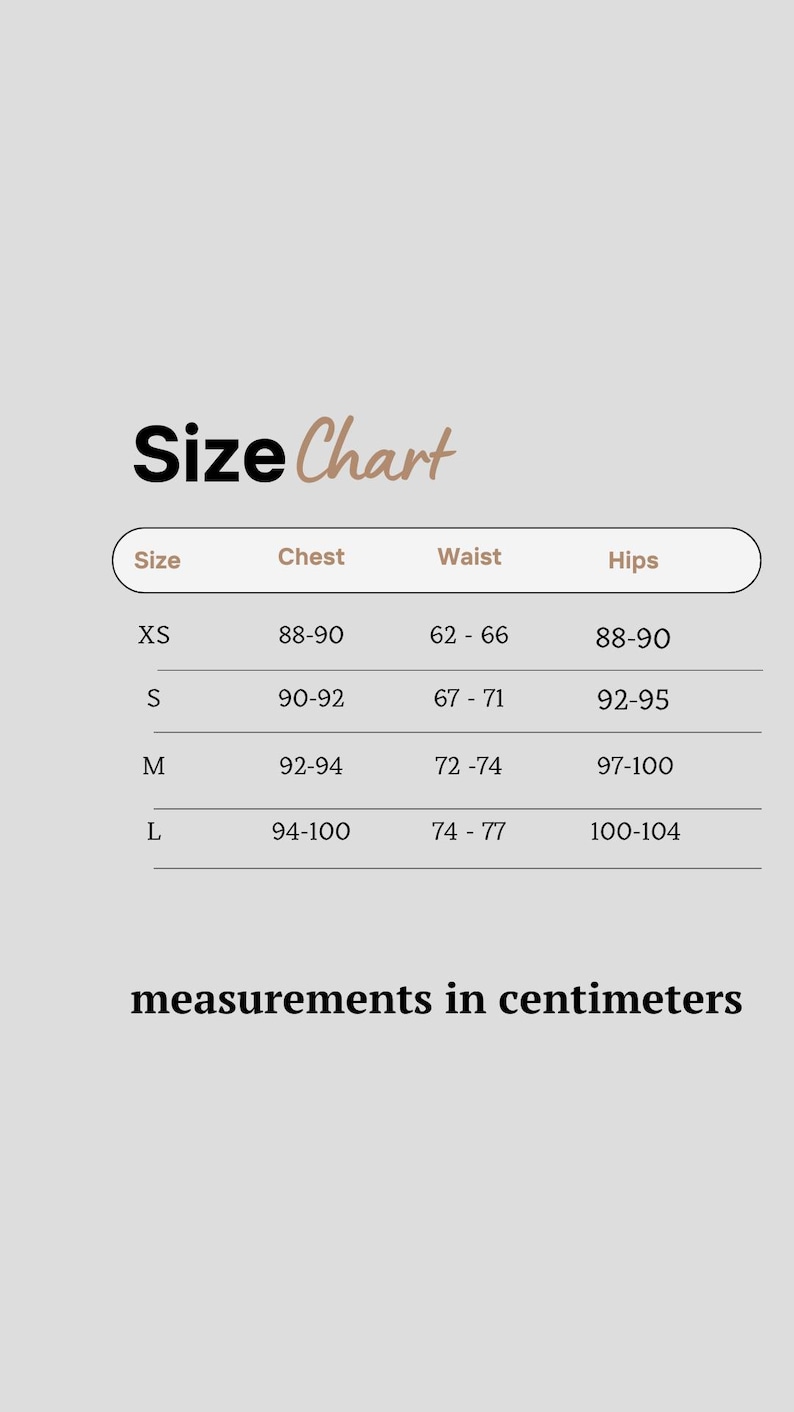 May include: Size chart for clothing with measurements in centimeters. The chart shows sizes XS, S, M, and L with corresponding chest, waist, and hip measurements.