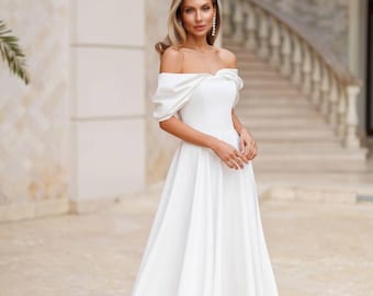 white dress puff sleeves White Midi Wedding Dress Civil Courthouse Simple Bridal Rehearsal Dinner Bridal Shower elope dress gift for her