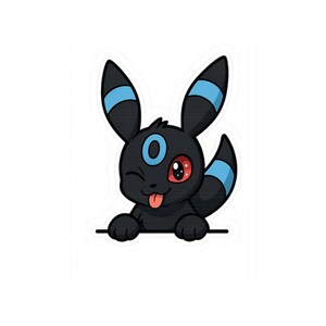 May include: A black cartoon character with blue and red accents, winking and sticking its tongue out. The character has large ears with blue stripes and is holding onto a black line.