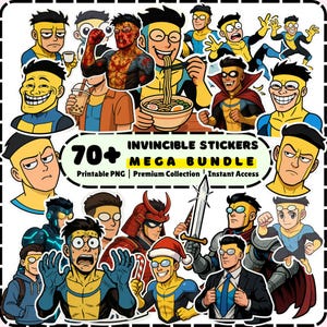 May include: A collection of Invincible character stickers in various poses and expressions. The stickers are in a variety of colors, including yellow, blue, red, and black. Text on the stickers reads "Invincible Stickers Mega Bundle".