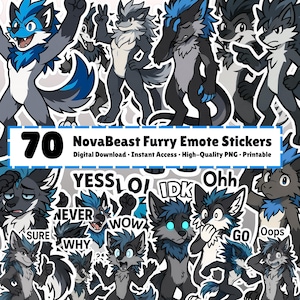May include: A collection of 70 NovaBeast furry emote stickers. The stickers feature various cartoon wolf characters in shades of gray and blue, expressing different emotions. Text includes "YESS", "WOW", "IDK", "Ohh", "NEVER", "WHY", "GO", and "Oops".