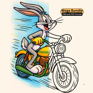 May include: A cartoon illustration of Bugs Bunny riding a motorcycle. The motorcycle is yellow and green, with black and white details. Bugs Bunny is gray and white, wearing yellow gloves. The image includes the text "Mega Bundle PNG and PDF Format."