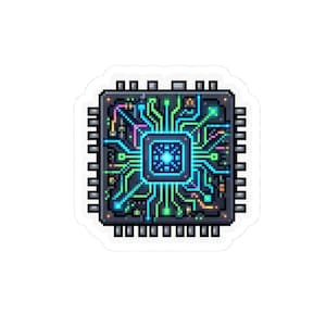 Peut inclure: Un autocollant en pixel art carré représentant une puce de processeur informatique. L'unité centrale gris foncé présente un cœur bleu lumineux entouré de lignes de circuit complexes et ramifiées aux teintes néon vert, cyan, rose et orange.