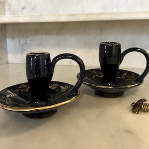Vintage Pair of European Blue with Gold Accents Ceramic Taper Candlestick Holder with Loop Handle