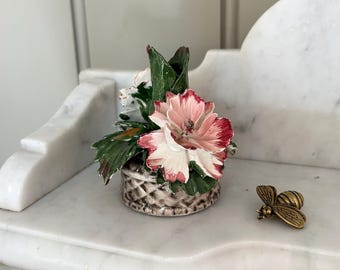 Vintage Capodimonte Italian Porcelain Two Flowers in Basket Candlestick Holder
