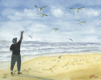 Feeding Seagulls giclee 10x8 print in white mat