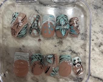 Cute square teal 3d nails!!