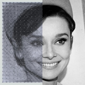 Può includere: Un ritratto in bianco e nero di una donna sorridente. Il lato sinistro del suo viso è coperto da una griglia di linee nere, mentre il lato destro del suo viso è visibile.