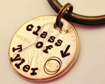 CLASS of 2022 Graduation Gift: Personalized Stamped Penny Keychain Keepsake Jewelry, High School Graduate, College Grad; 3 Key Chain COLORS