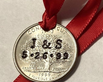 25th Christmas Ornament: 25th Wedding Anniversary, 25 Years, Custom Stamped Initials Date, Silver, 2001 + Quarter, Personalized Engraved