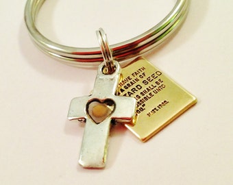 Mustard Seed Keychain CROSS, Faith Christian Religious Gift, Inspirational, Real Mustard Seed, Matthew 17:20, Encouragement, Bible Scripture