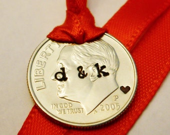 Tenth Anniversary Gift: 10 Year Wedding Gift, Personalized Christmas Ornament, 2016 + Dime, Stamped Initials or Date, Ten 10th Tin Aluminum